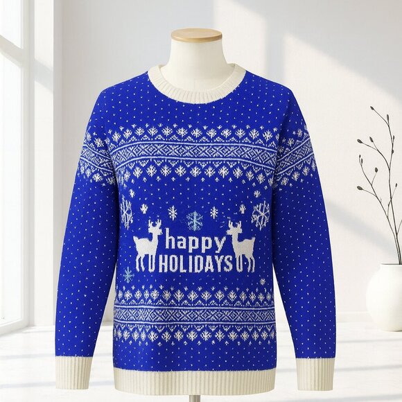 Holiday Christmas Sweater Unisex L Blue Reindeer Snowflake Festive Knit - Picture 1 of 7